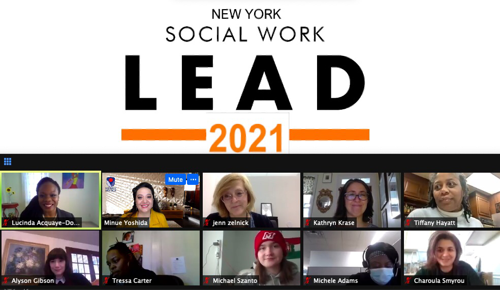 screenshot of LEAD Day 2021 with grid of participant video screens. Professor Zelnick (top row, middle) welcomed participants.