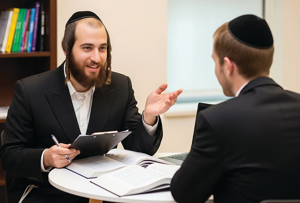 Jewish Hasidic social worker sitting at table talking to man in suit and yarmulka