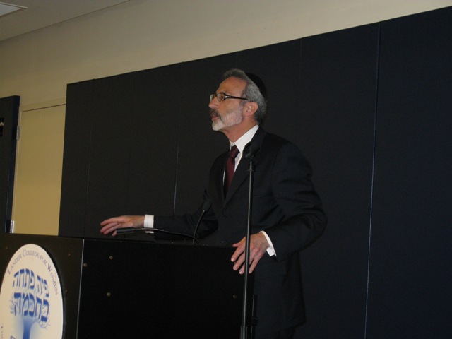 David Mandel, chairman of the Touro Graduate School of Social Work Professional Advisory Committee and CEO of OHEL Children's Home and Family Services, speaks to an audience of about 75 students at Touro College’s Graduate School of Social Work about finding jobs during a distressed economy.\n