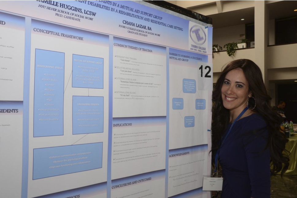 Chana Lazar, a graduate student at Touro College Graduate School of Social Work, with her poster presentation at a recent international conference on trauma held at The Hebrew University of Jerusalem.