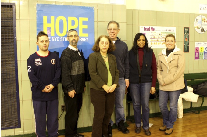 Pictured, left to right, are student Tahl Leibovitz; Director of Administrative Services and Brooklyn Division Elhanan Marvit, MSW, ACSW, LCSW; Director of Field Education Roberta Shiffman, MSW, LMSW; Commissioner Seth Diamond; and students Corrinne Gillespie and Marsha Crawford. 